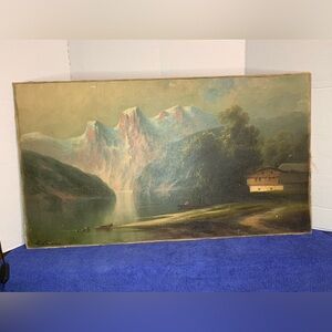 18x32 Antique Oil Painting Mountain River Boat Farm Scene S. Strausser